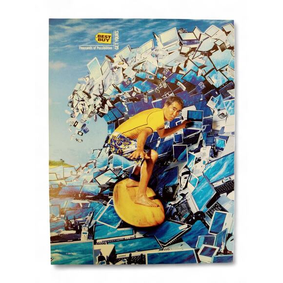 2004 Best Buy Print Ad Man Surfing Wave of Electronics Thousands Possibilities - Picture 1 of 10